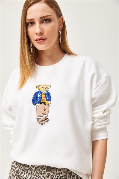 Oversize Nakışlı Sweatshirt Beyaz