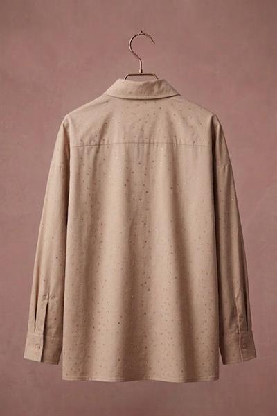 Kadın Taş Detaylı Oversize Şık Gömlek Vizon