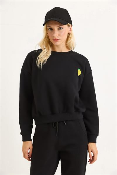 Limon Nakışlı Üç İplik Swetshirt Siyah