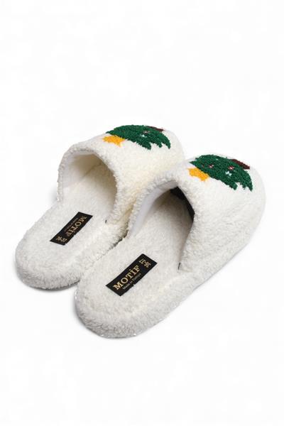 Kadın Yılbaşı Ağacı Figürlü Peluş Ekru Ev Terliği