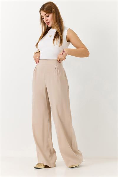 Kadın Beli Lastikli Yandan Fermuarlı Salaş Kesim Mevsimlik Pantolon Vizon