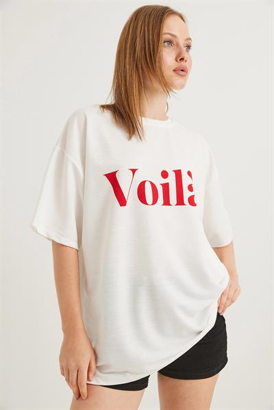 Voila Baskılı Oversize İki İplik Tshirt Beyaz