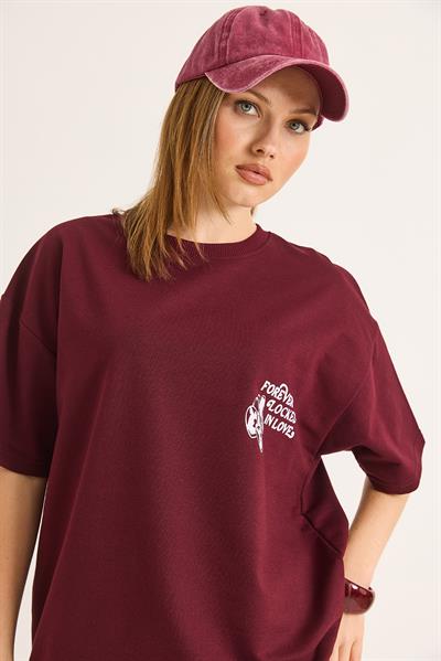 Baskılı Oversize İki İplik Tshirt Bordo