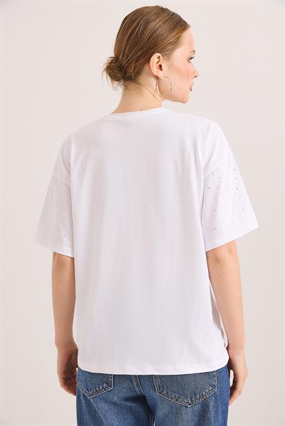 Taş Detaylı Rahat Kalıp Premium Pamuk Tshirt	Beyaz