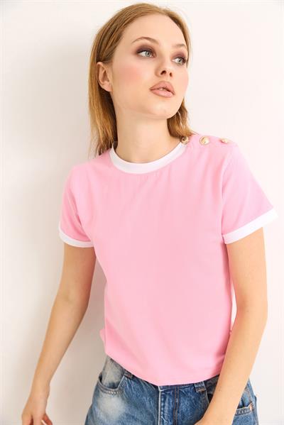 Bisiklet Yaka Kısa Kol Tshirt Pembe
