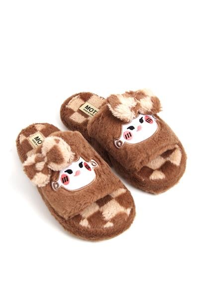 Kadın Önü Açık Peluş Kahverengi Ev Terliği 