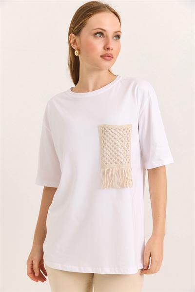 Hasır Cepli Yumuşak Dokulu Fit Tshirt Beyaz