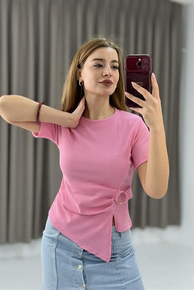 Kadın Yan Tokalı Asimetrik Kesim Kakorse Kısa Kollu Bluz Pembe
