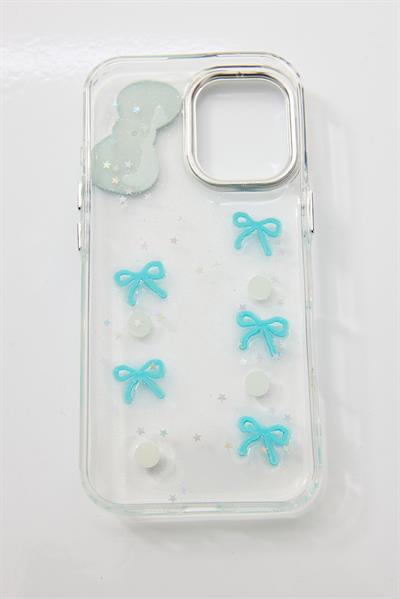 İphone 17 Uyumlu Kurdeleli ve İnci Taşlı Kılıf Mavi