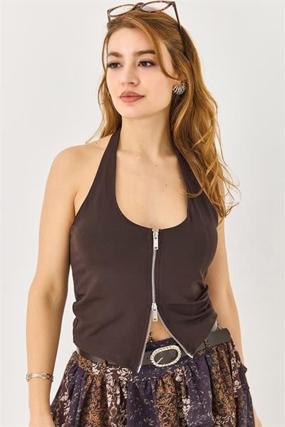 Dalgıç Kumaş Çift Fermuar Detaylı Askılı Bluz