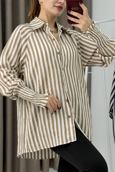 Manşet Detaylı Oversize Şık Gömlek Vizon