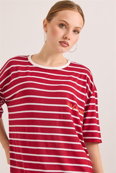 Karikatür Up Baskılı Çizgili Salaş Tshirt Kırmızı