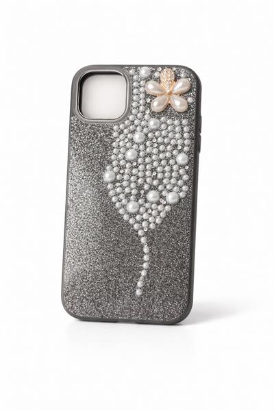 İphone 14 Pro Uyumlu İnci ve Glitter Detaylı Kılıf Siyah
