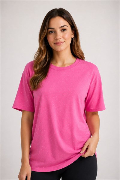 Taş Detaylı Rahat Kalıp Premium Pamuk Tshirt Pembe