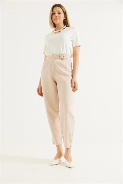 Yüksel Bel Kemerli  Kumaş Pantolon Krem