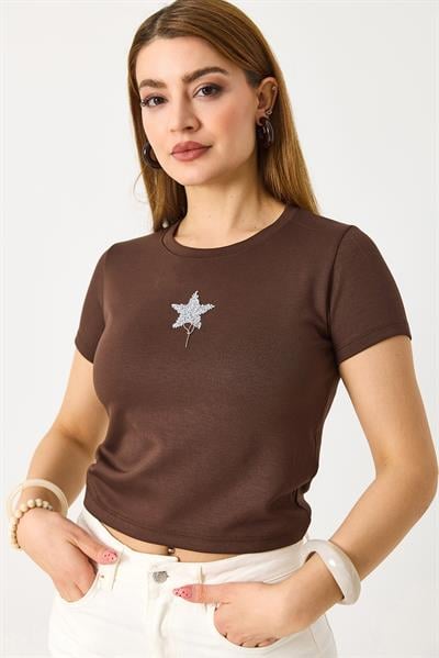 Kadın Kısa Kollu Yıldız Taşlı Crop Bluz Kahverengi