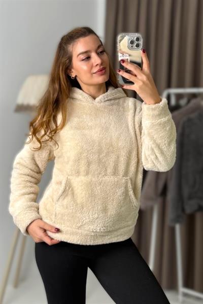 Kadın Kapüşonlu Welsoft Uzun Kollu Bej Sweatshirt
