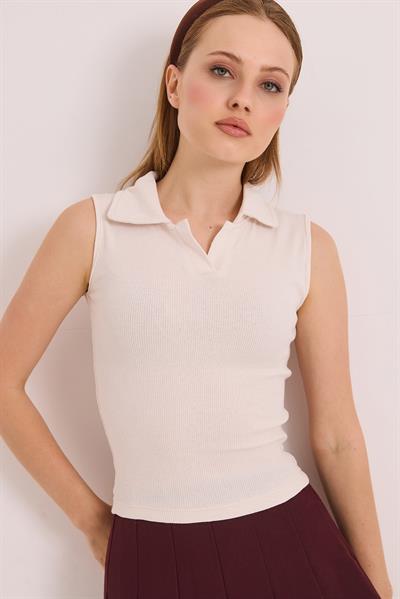 Sıfır Kol Polo Yaka Basıc Örme Kaşkorse Bluz Ekru