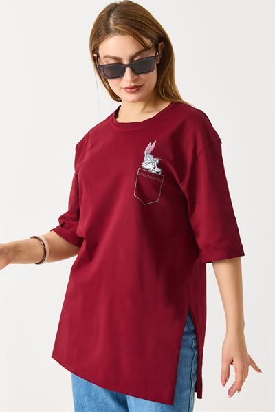 Kadın Yanları Yırtmaçlı Oversize  Basic Tshirt Bordo