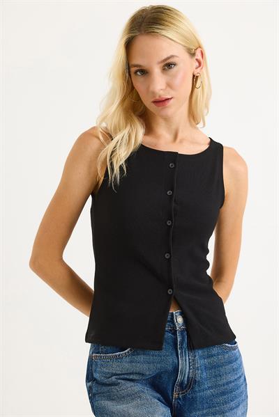 Düğmeli Fitilli Kumaş Kolu Askılı Bluz Siyah