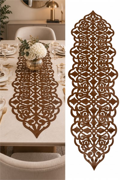 Tekli Lazer Kesim Desenli Eskitme Runner Taba