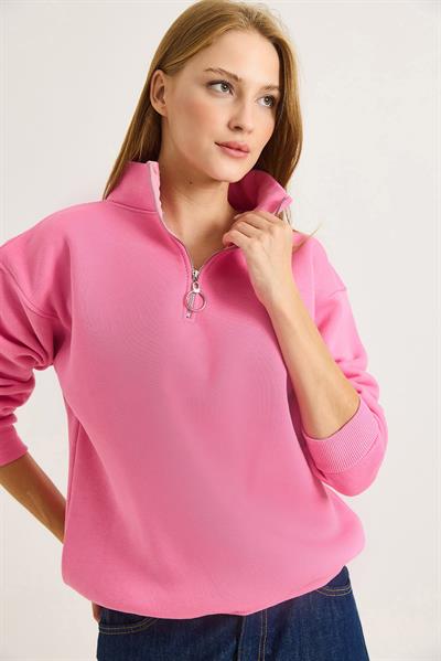 Kadın Yaka Fermuarlı 2 İplik Sweatshirt Pembe