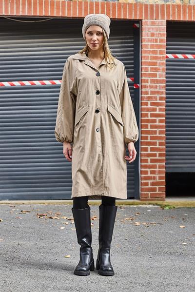 Oversize Hafif Modern Düğmeli Trençkot Bej