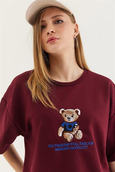 Bisiklet Yaka Oversize T-Shirt Bordo