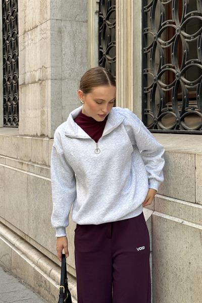Yaka Fermuarlı 2 İplik Sweatshirt Gri