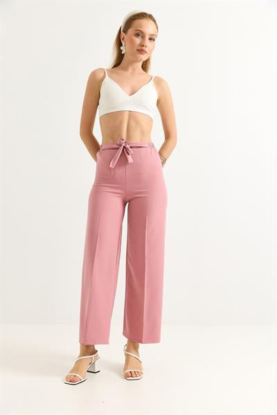 Bel Kuşaklı Bol Paça Krep Pantolon Gül Kurusu