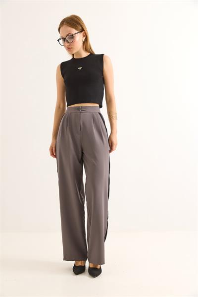 Yanları Şeritli Yüksel Bel Palazzo Pantolon Füme