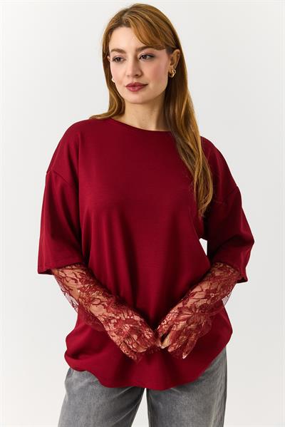 Kadın Kolu Tül Detaylı Oversize Tshirt Bordo