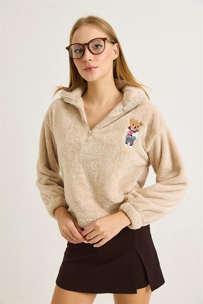 Kadın Nakışlı Welsoft  Fermuar Detaylı Sweat Vizon