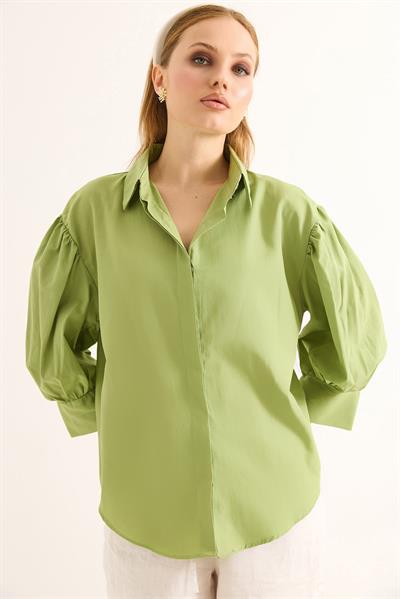 Balon Kol Bol Kesin Kadın Gömlek Yeşil