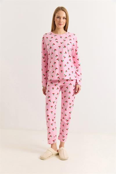 Kadın Bisiklet Yaka Kiraz Baskılı Pembe Pamuklu Pijama Takımı