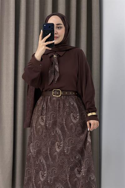 Kadın Kemerli Şifon Etek Üstü Gömlek Fularlı Takım Kahverengi