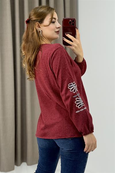 Kadın Bordo Triko Etnik Çiçek Nakışlı Kazak