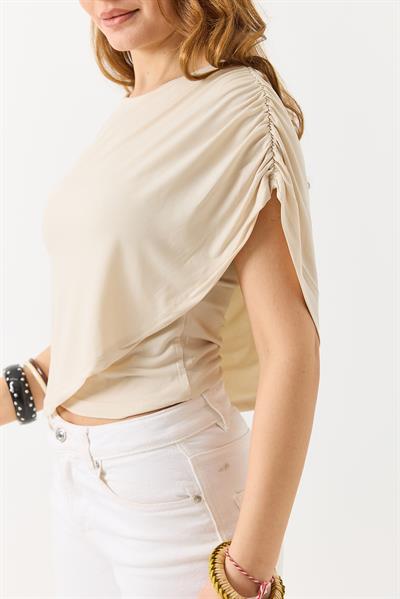 Kadın Sandy Pelerinli Yarım Kollu  Bluz Krem 