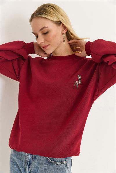 Kadın Geyik Nakışlı Üç İplik Şardonlu Sweatsirt Bordo
