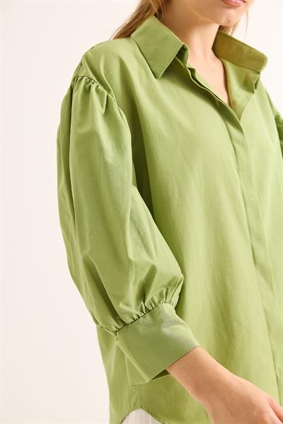 Balon Kol Bol Kesin Kadın Gömlek Yeşil