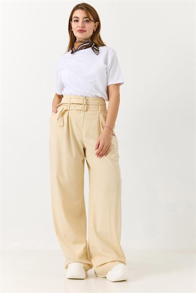Kadın Çift Kemerli Salaş Kesim Bol Paça Pantolon Bej 