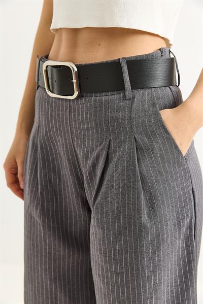 Keten Karışımlı Palazzo Pantolon Füme