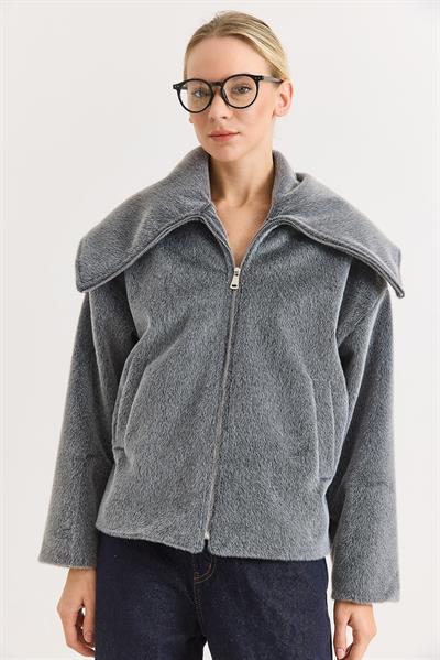 Kadın Suni Kürk Cepli Fermuarlı Mont Füme