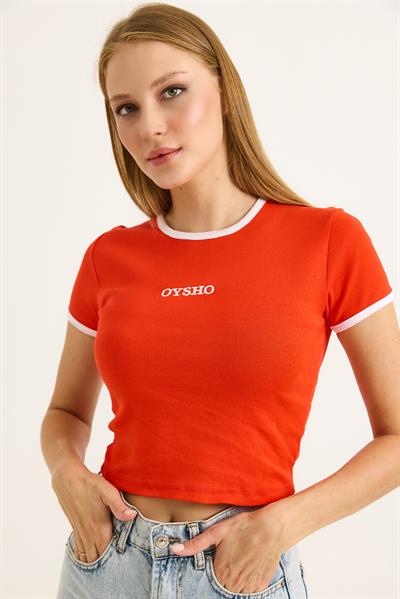 Bisiklet Yaka Nakışlı Crop Tshirt Kırmızı