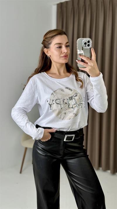 Kadın Beyaz Parlak  Baskılı  Tshirt