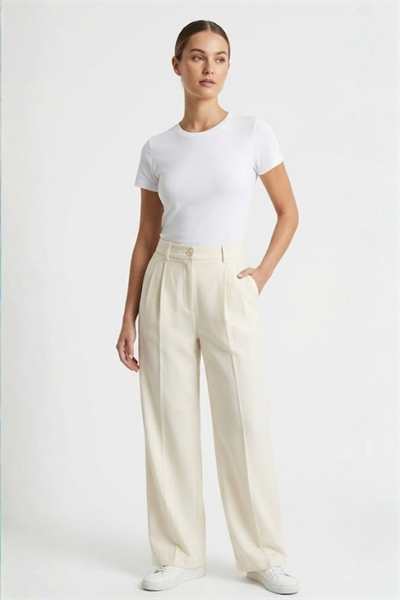 Kadın Rahat Kesim Bol Paça Yüksek Bel Pantolon Bej