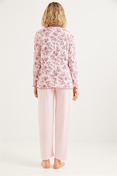 Yakası Dantelli Uzun Kollu Pijama Takımı Pembe