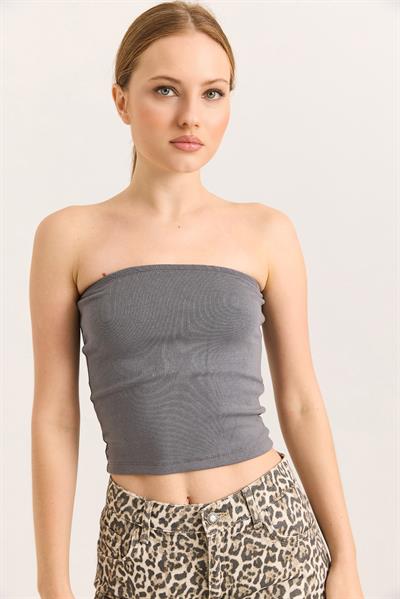 Esnek  Straplez Bluz Gri