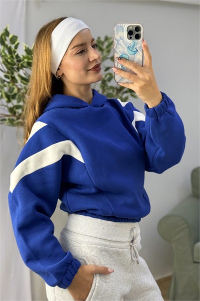 Kadın Beli Lastikli Şerit Detaylı Kapüşonlu Sweat Mavi