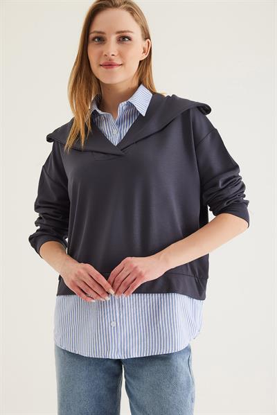 Modal Kumaş Gömlek Garnili Tunik Füme